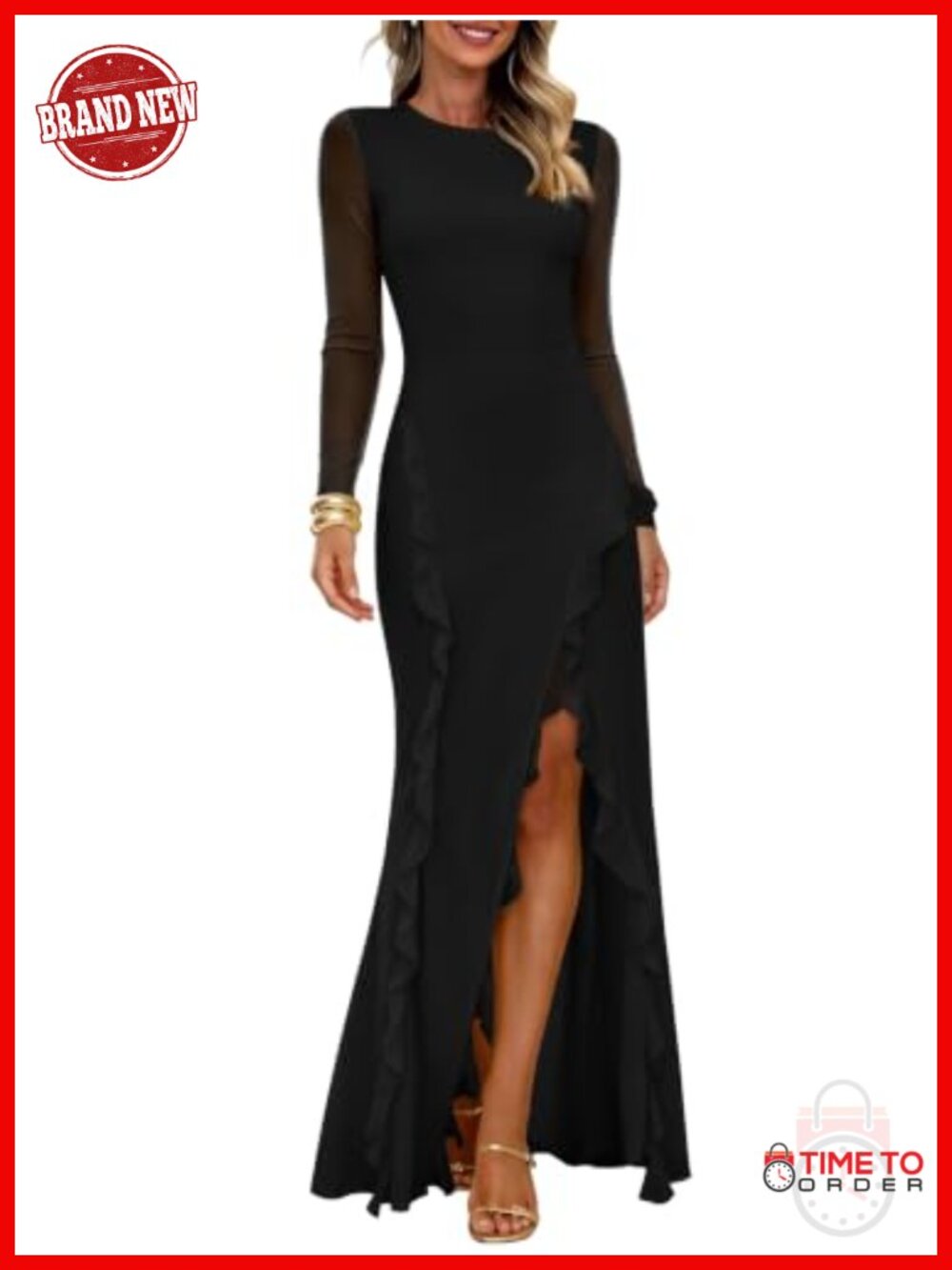 Women's Mesh Long Sleeve Bodycon Maxi Dress Formal Wedding Guest